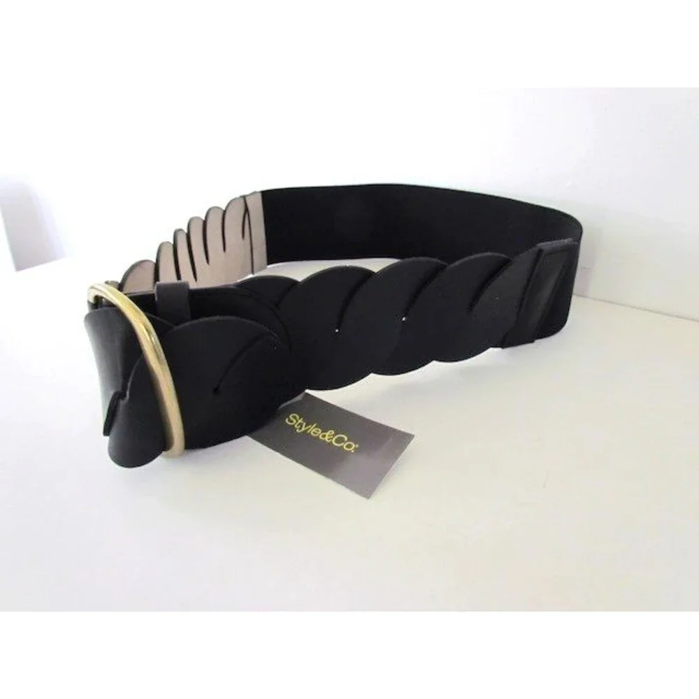 NEW Style&Co Black Belt Faux Leather Stretch Wide Buckle Vegan Size M/L